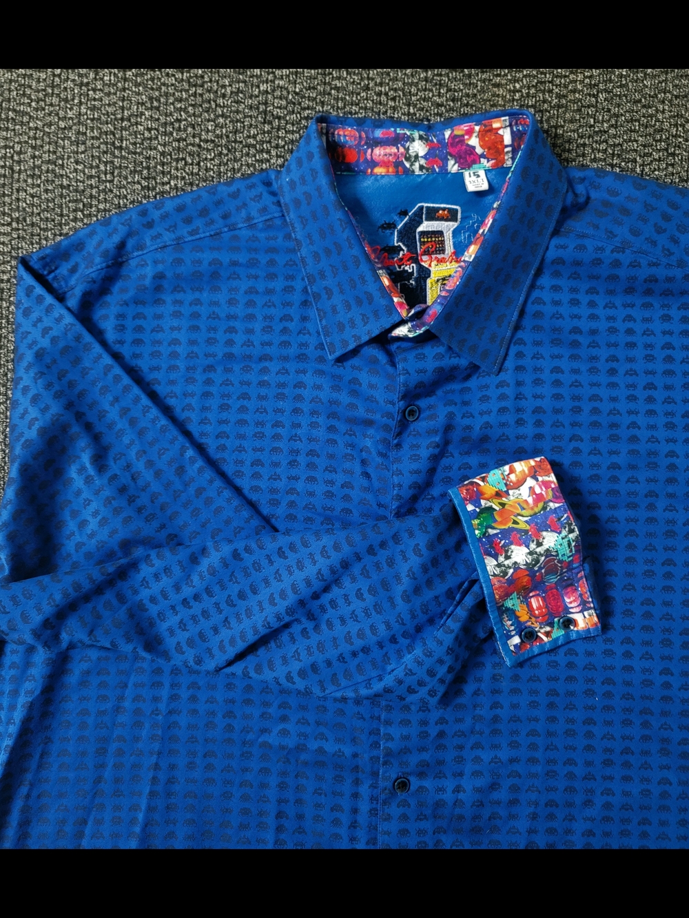 Robert Graham Arcade Blue Space Invaders Flip Cuff Shirt Men's 3XLT Big Tall